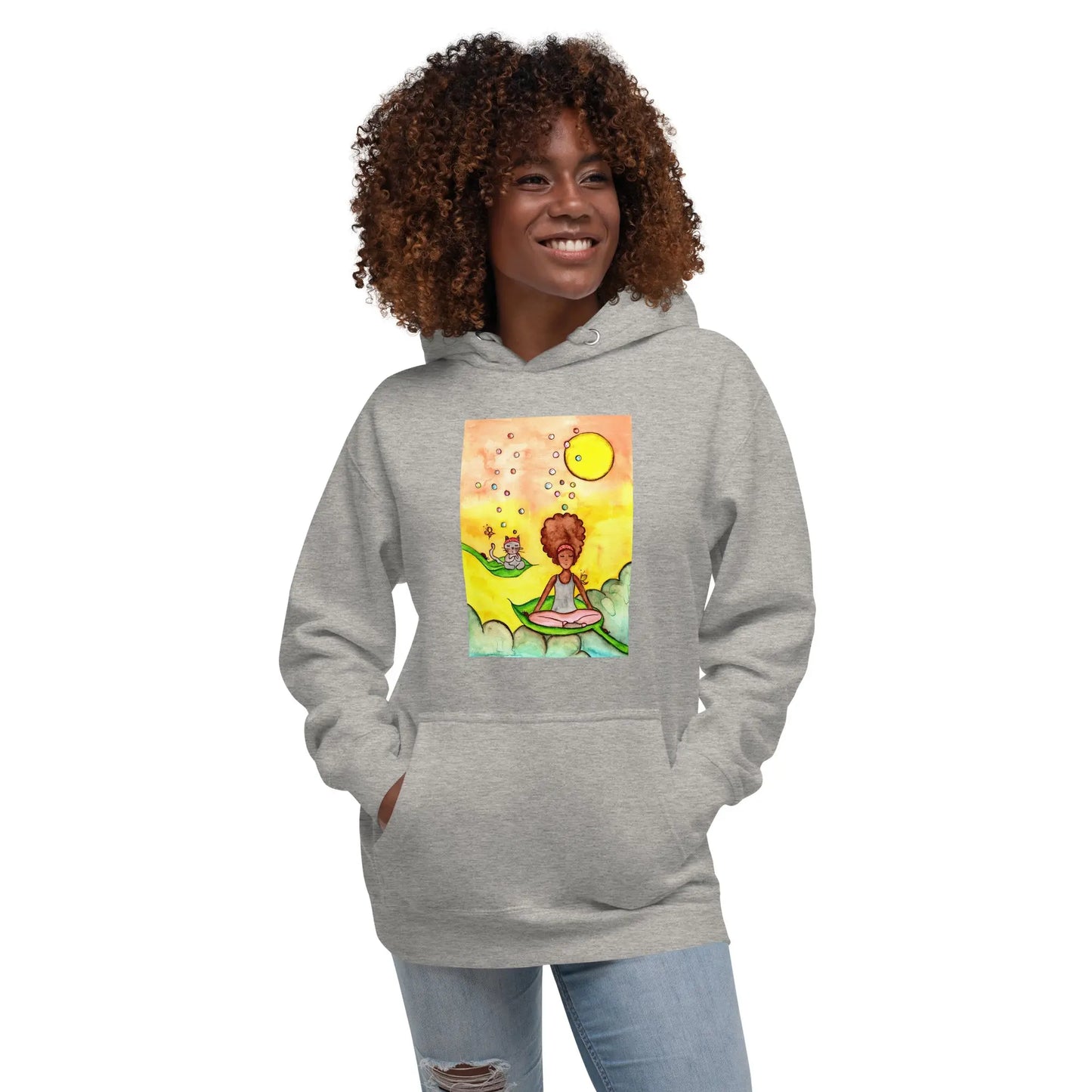 Unisex Pullover Hoodie (cat and woman meditating)
