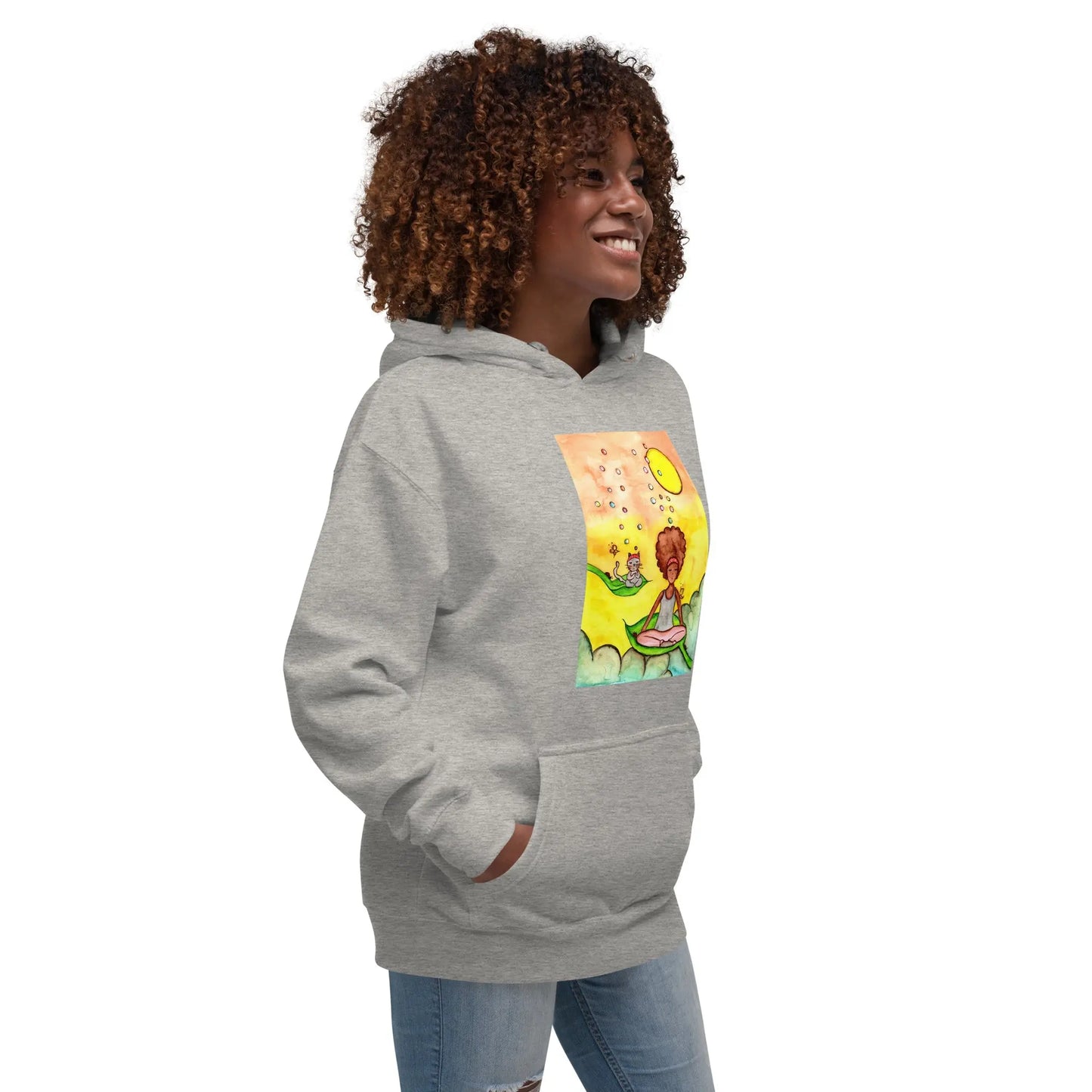 Unisex Pullover Hoodie (cat and woman meditating)