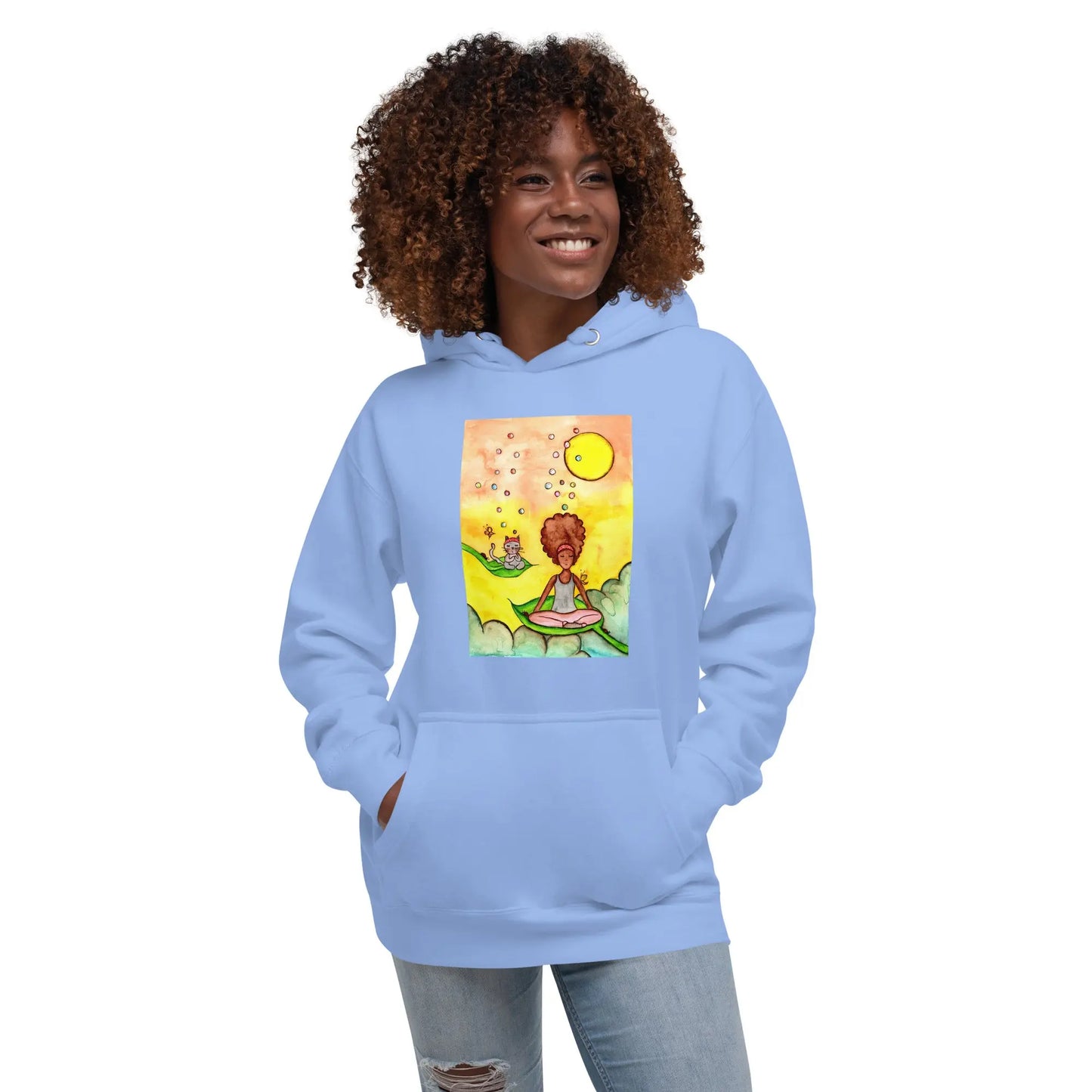 Unisex Pullover Hoodie (cat and woman meditating)