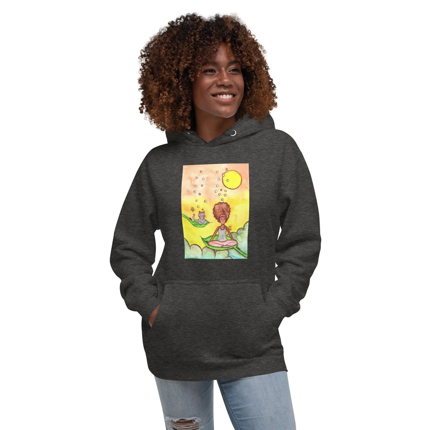 Unisex Pullover Hoodie (cat and woman meditating)