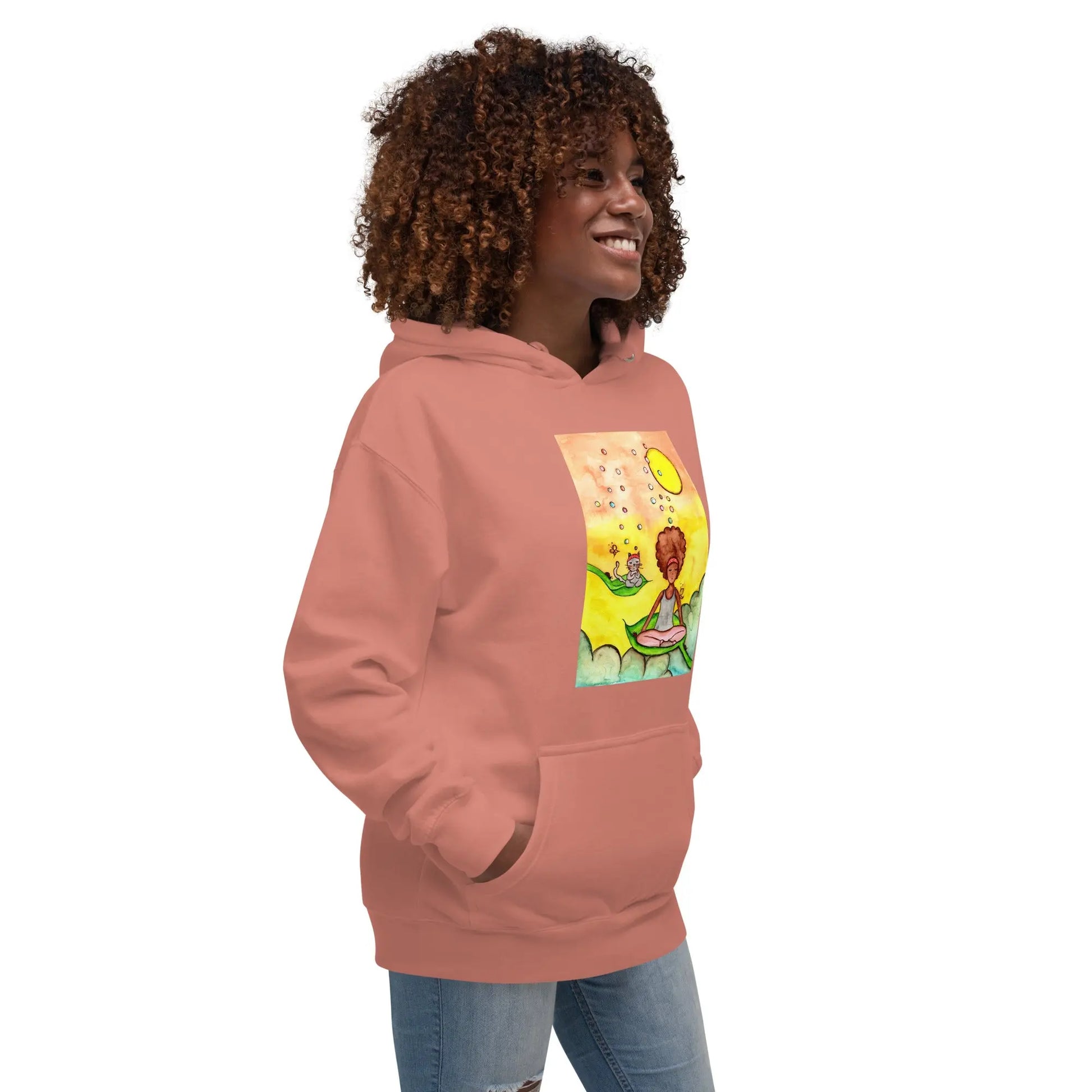 Unisex Pullover Hoodie (cat and woman meditating)