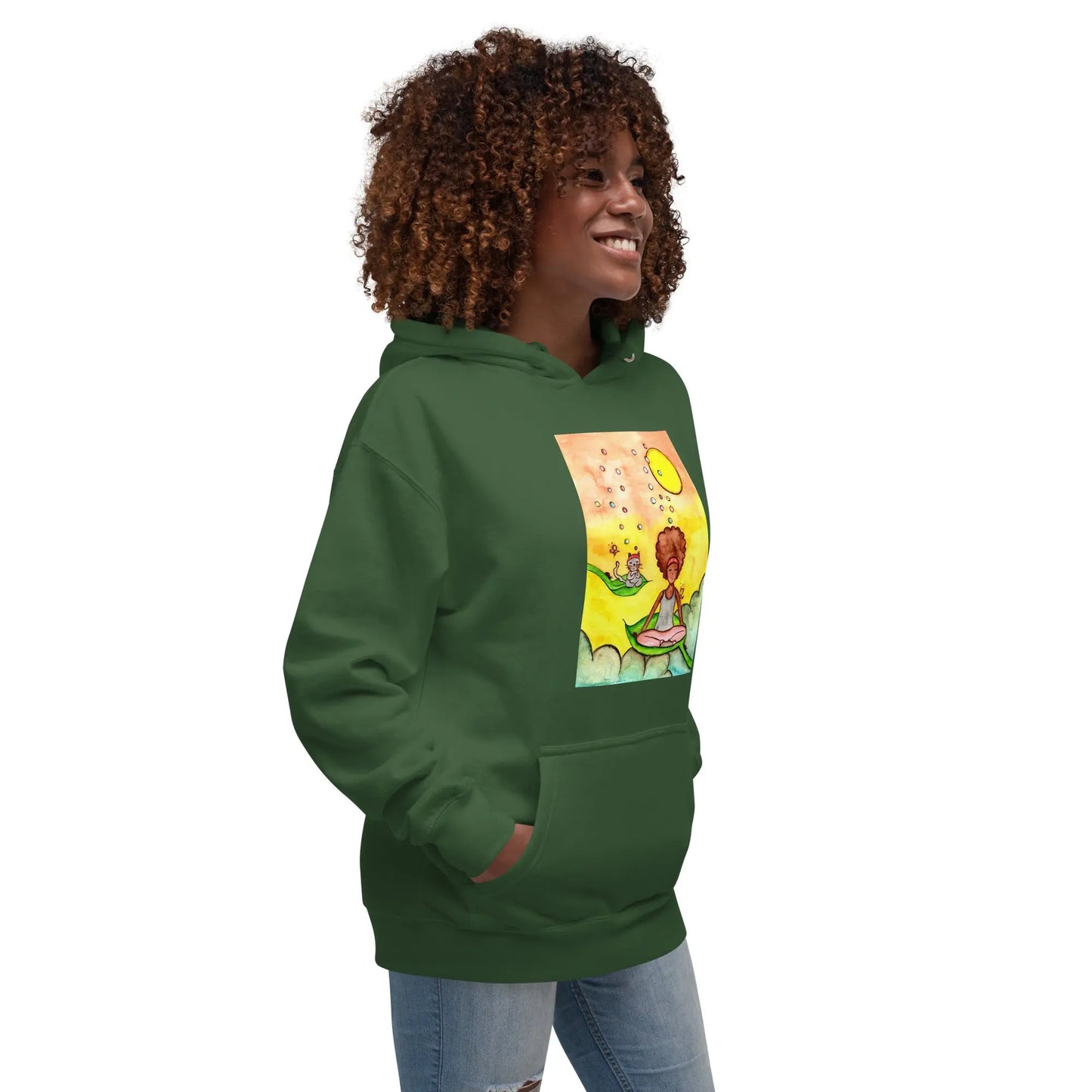 Unisex Pullover Hoodie (cat and woman meditating)