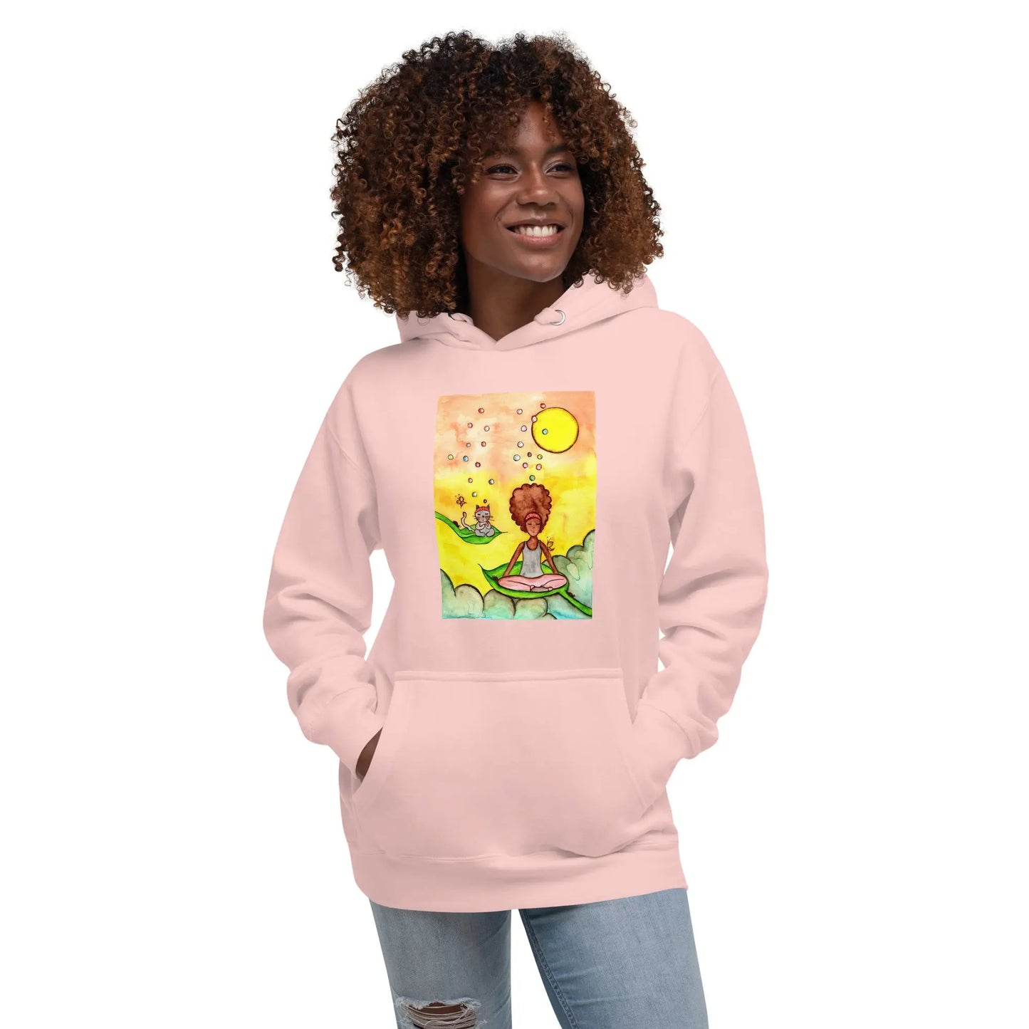 Unisex Pullover Hoodie (cat and woman meditating)