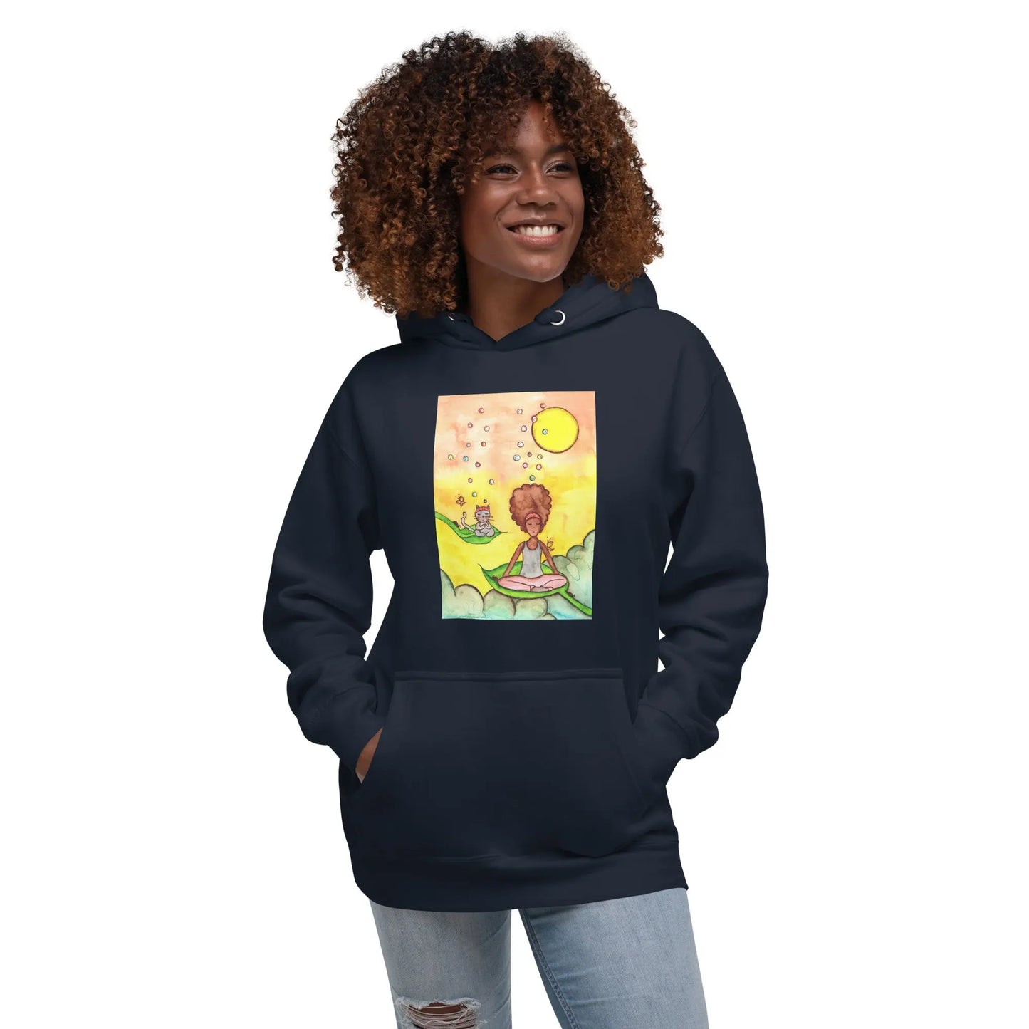 Unisex Pullover Hoodie (cat and woman meditating)
