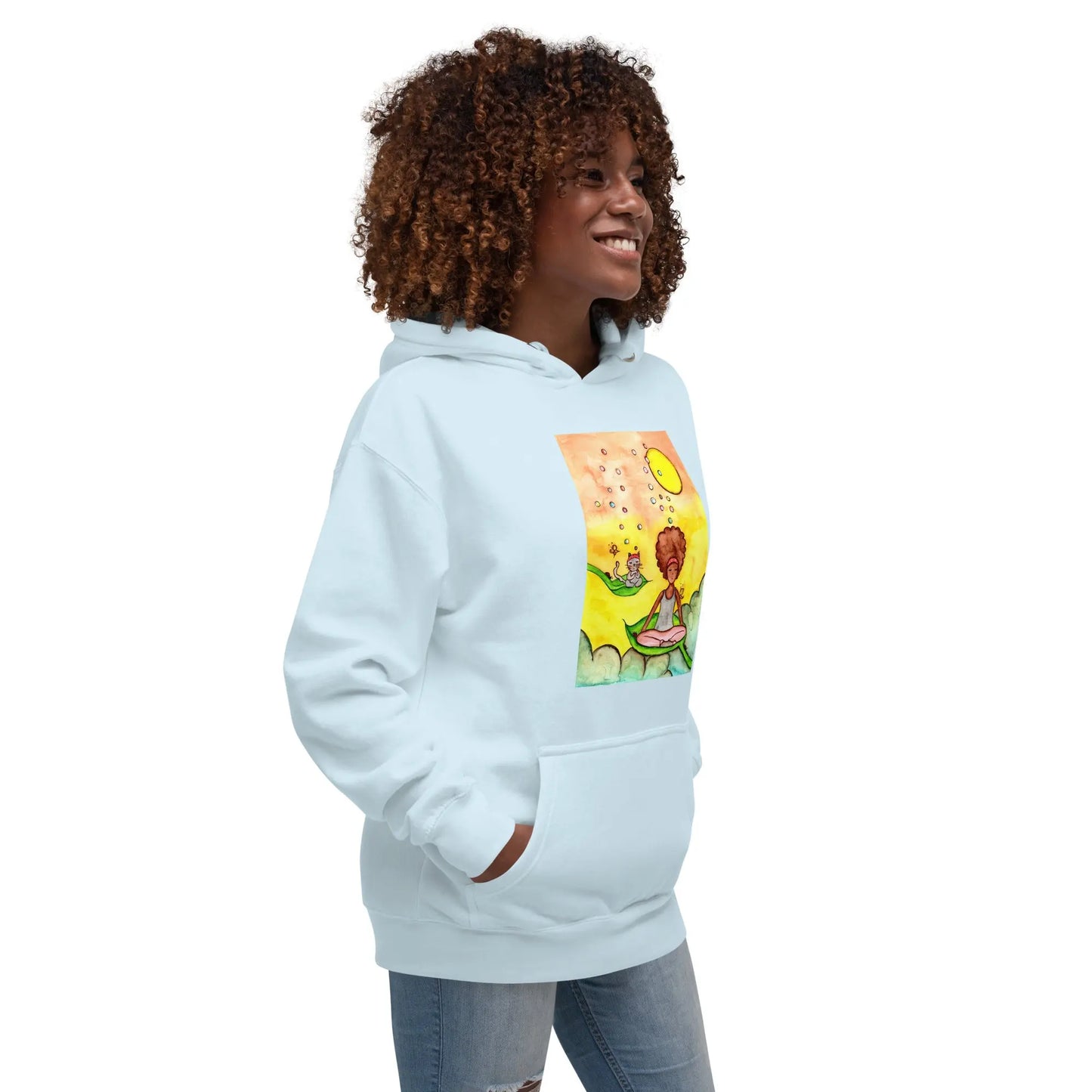 Unisex Pullover Hoodie (cat and woman meditating)