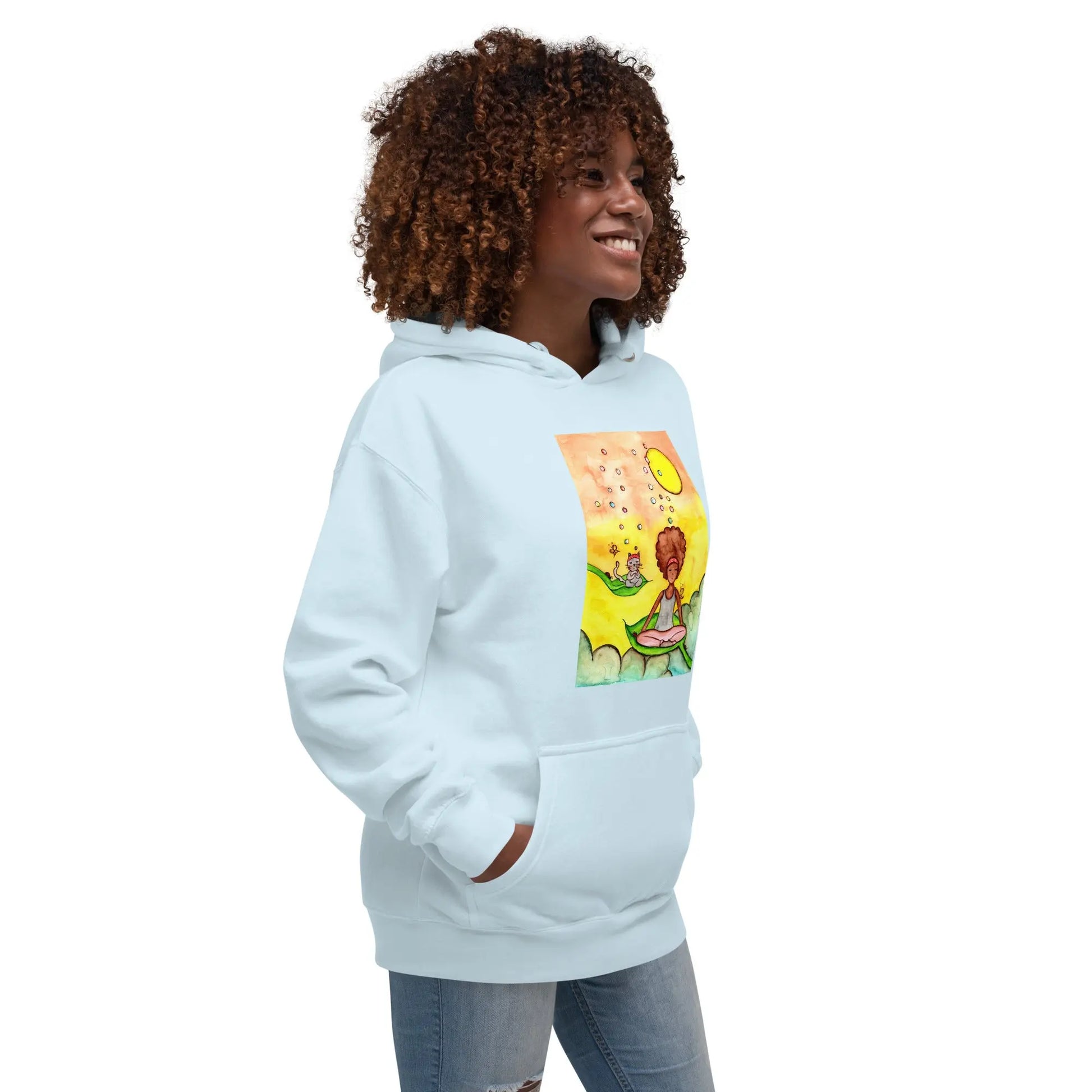 Unisex Pullover Hoodie (cat and woman meditating)