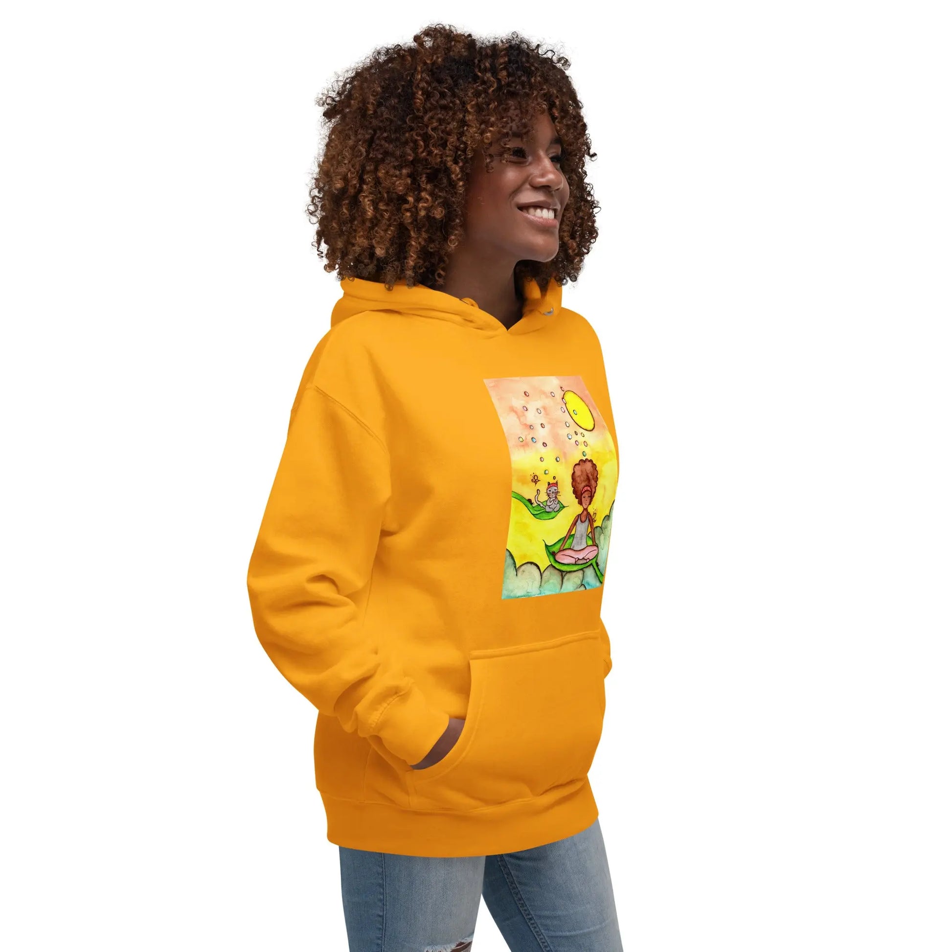 Unisex Pullover Hoodie (cat and woman meditating)