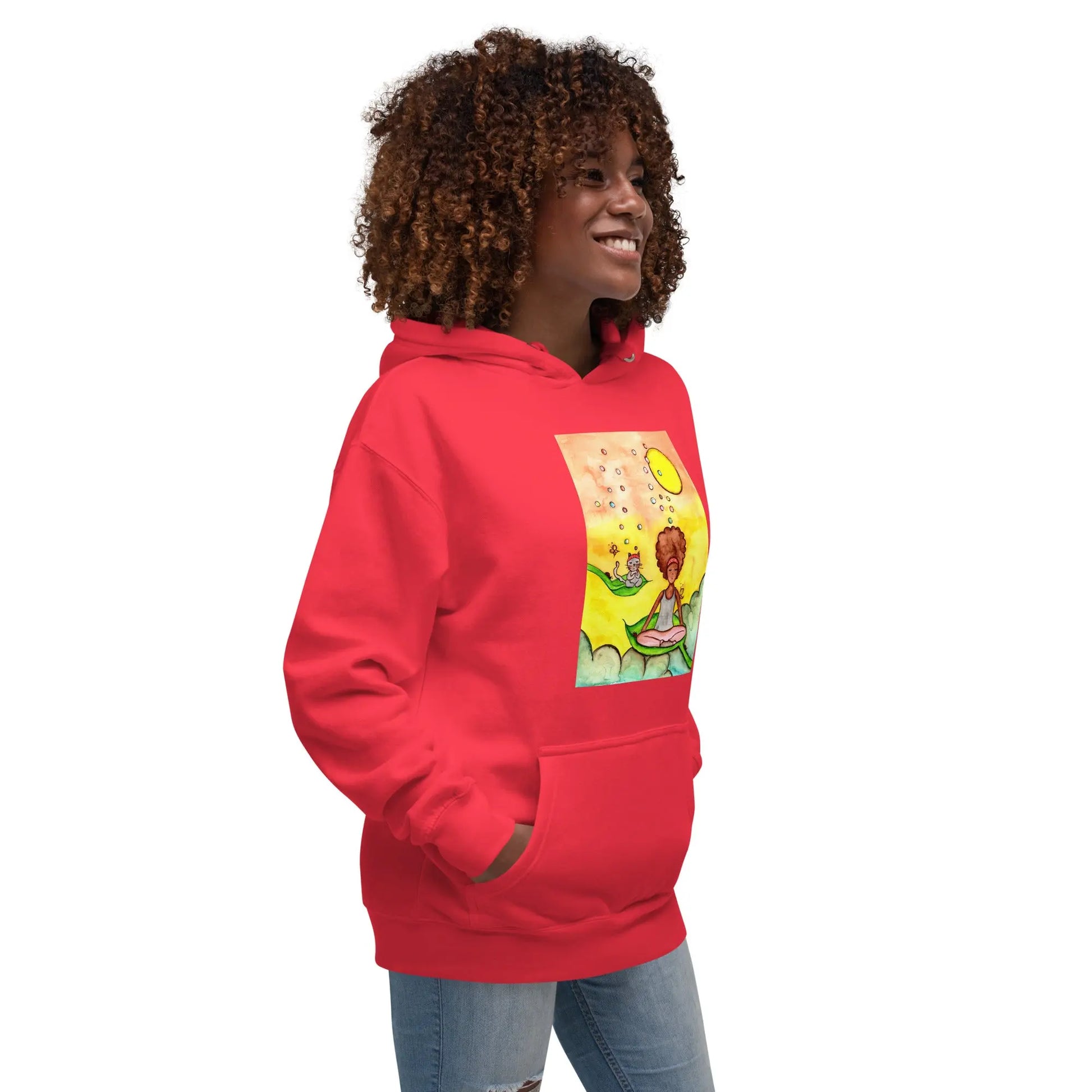 Unisex Pullover Hoodie (cat and woman meditating)