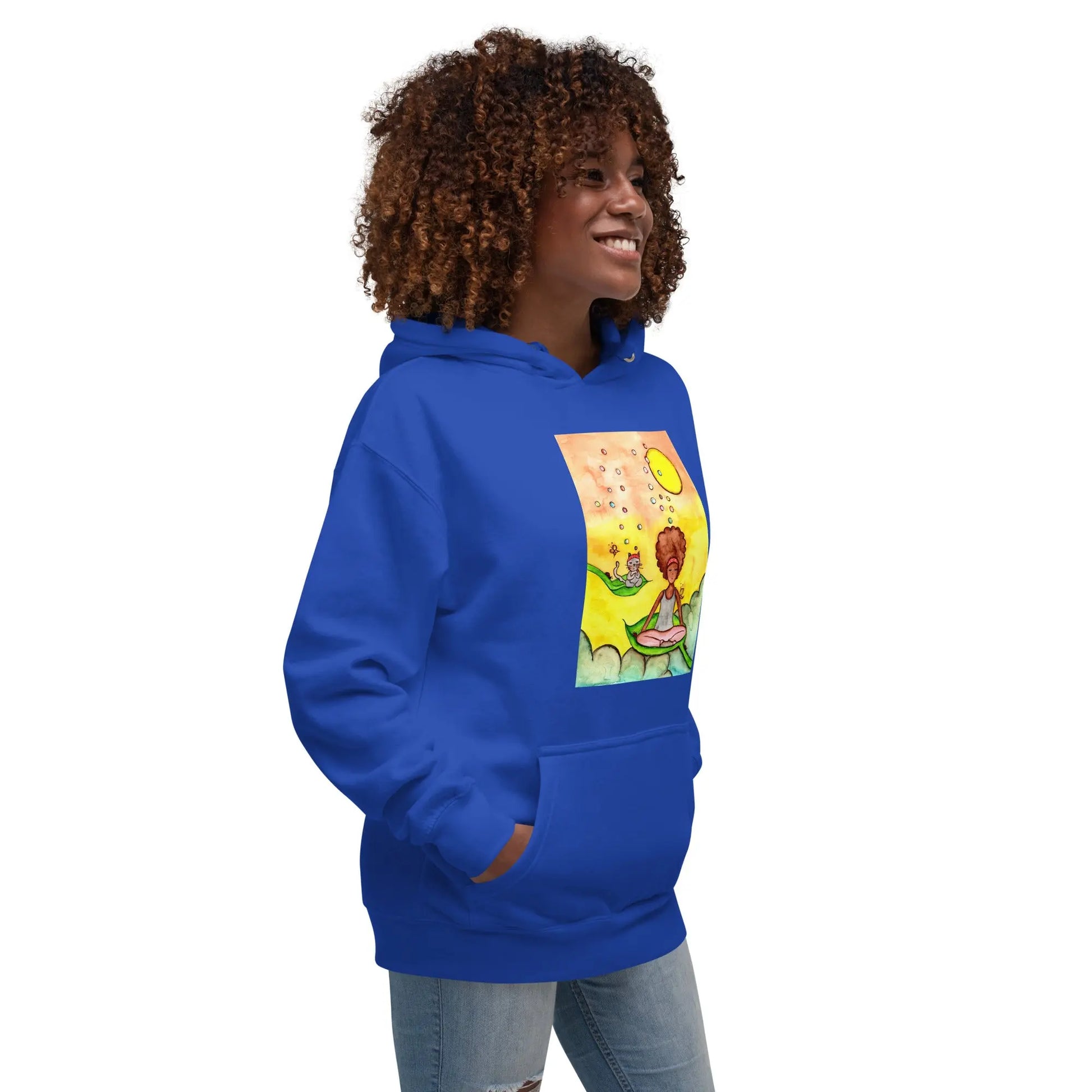 Unisex Pullover Hoodie (cat and woman meditating)