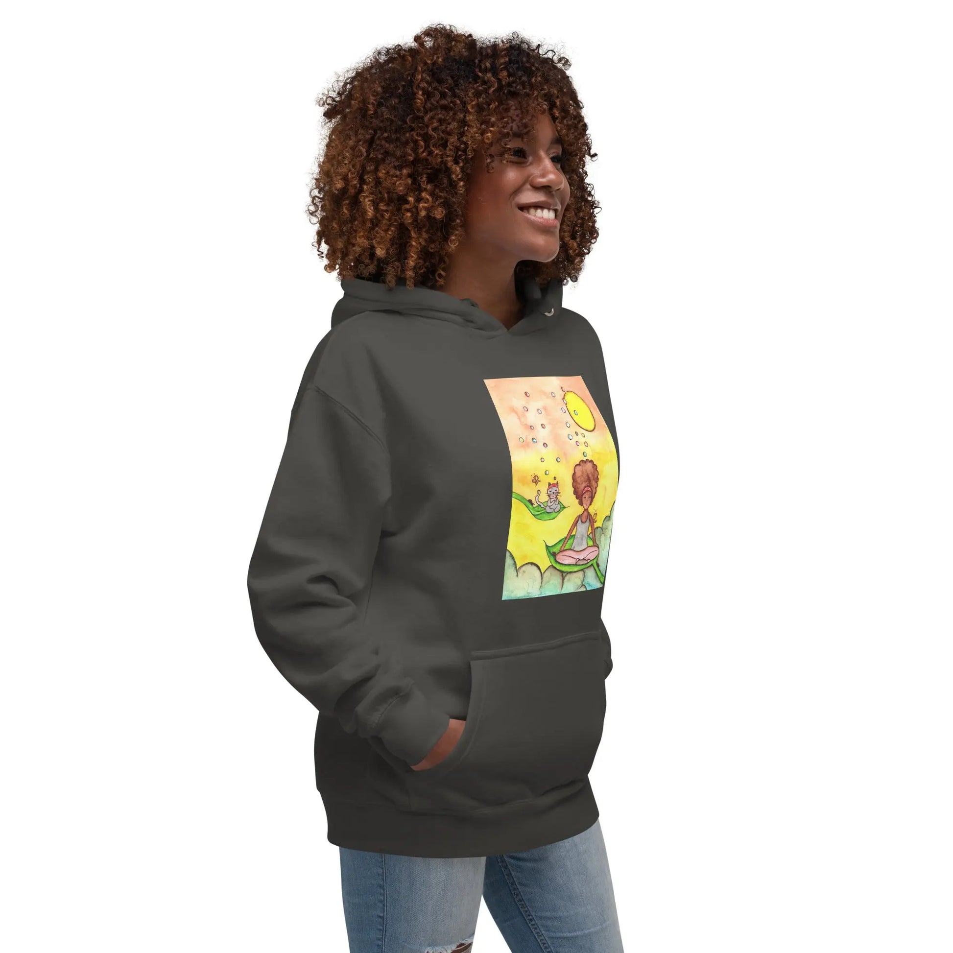 Unisex Pullover Hoodie (cat and woman meditating)