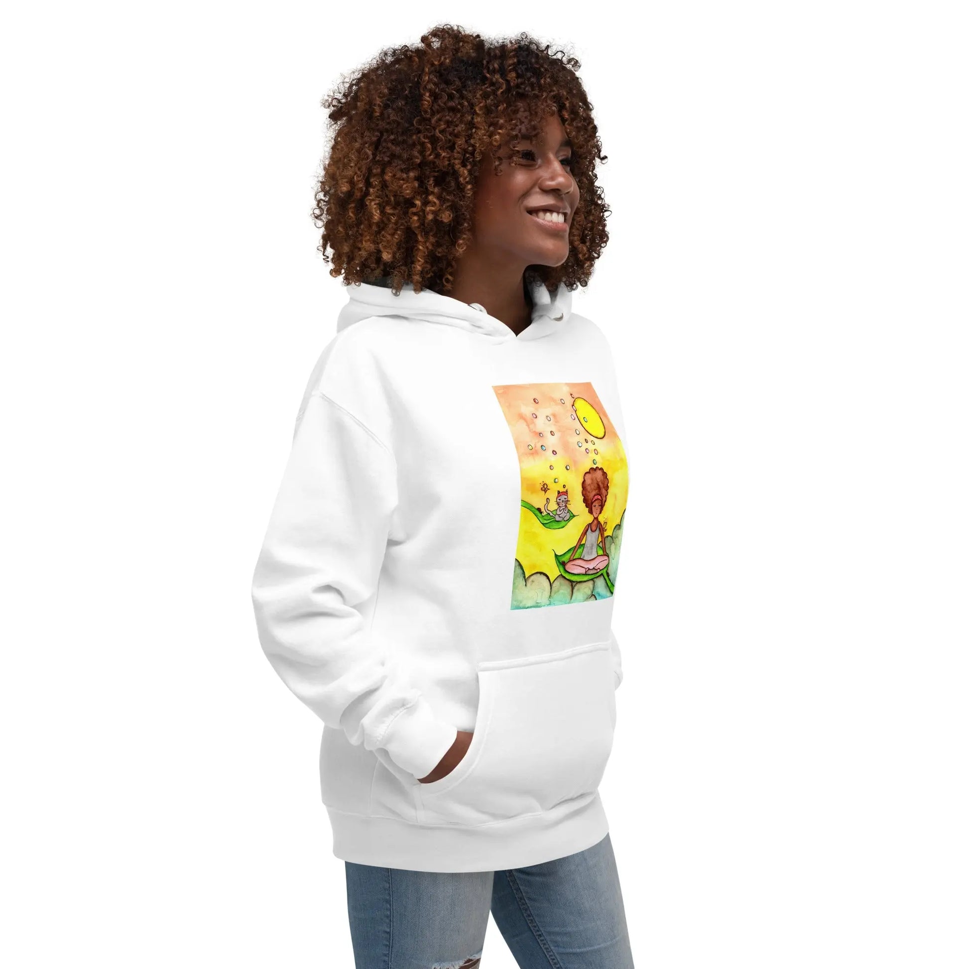 Unisex Pullover Hoodie (cat and woman meditating)