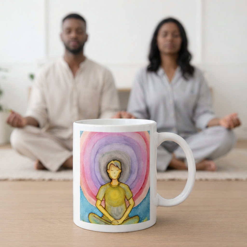 Young man surrounded by vibrant multi-colored aura, representing energy fields and spiritual awareness, colorful meditation artwork printed on a coffee mug. A couple is meditating in the background.