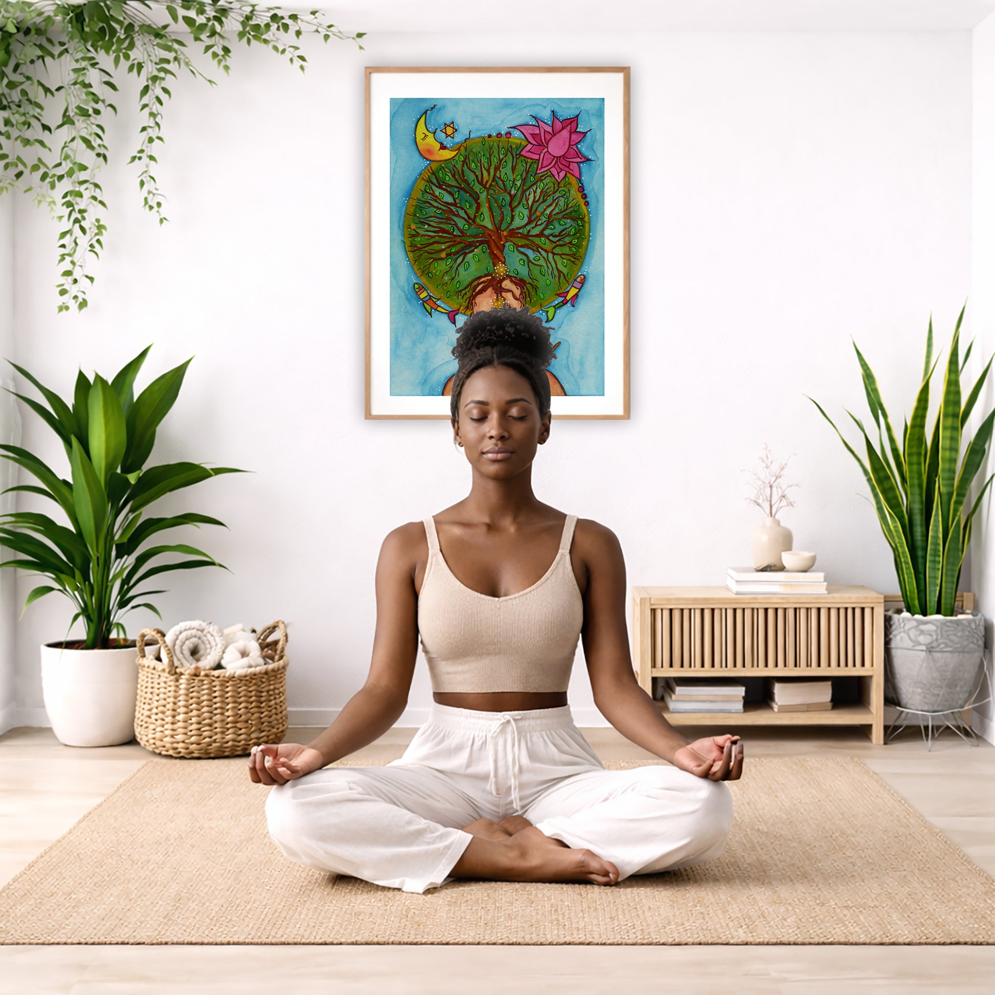 Poster of the crown chakra of a woman opening up like the tree of life. A cat is on her shoulder.  The poster is in the center of the living room wall. There is a woman meditating facing away from the wall. Behind her is a coffee table with incense and a Buddha statue. There are potted plants on the right and left side of the background.
