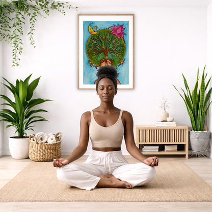 Poster of the crown chakra of a woman opening up like the tree of life. A cat is on her shoulder.  The poster is in the center of the living room wall. There is a woman meditating facing away from the wall. Behind her is a coffee table with incense and a Buddha statue. There are potted plants on the right and left side of the background.
