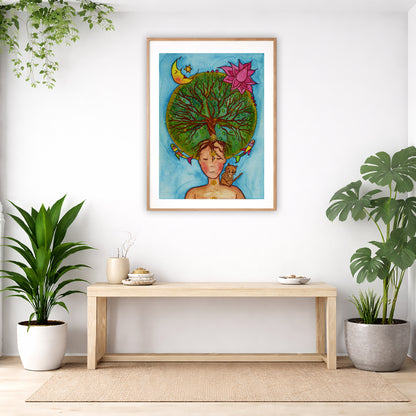 Poster of the crown chakra of a woman opening up like the tree of life. A cat is on her shoulder.  The poster is in the center of the living room wall. Below the poster is an empty bench. Below the bench is a variety of green potted plants including a few cactus.
