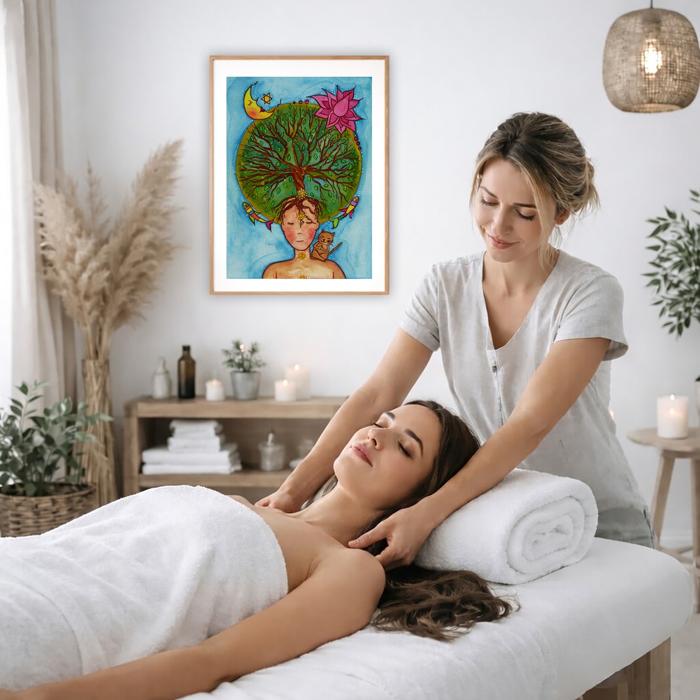 Poster of the crown chakra of a woman opening up like the tree of life. A cat is on her shoulder.  The poster is on the wall of the office of a massage therapist. The therapist is giving her female client a massage. The client is lying face up on a massage table wearing a white towel. To the left is a window, floor plant and large vase of dry flora. A shelf is underneath the poster with candles burning. There is a candle burning on a small table and a hanging lamp with a wicker shade on the right side.