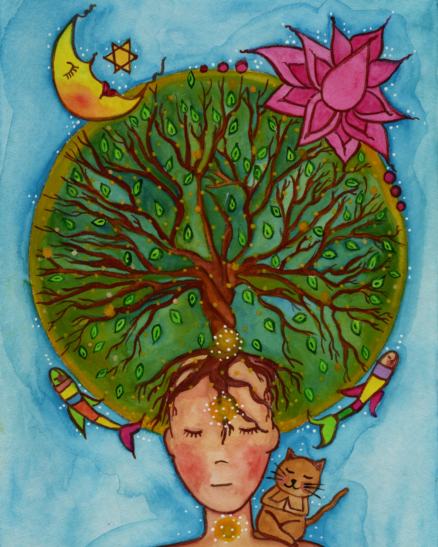 Canvas print of the crown chakra of a woman opening up like the tree of life. A cat is on her shoulder.  This is a thumbnail of the original hand-painted watercolor by Brazilian artist Thaís Suizo for the LET'S MEDITATE SERIES of mediation guides.