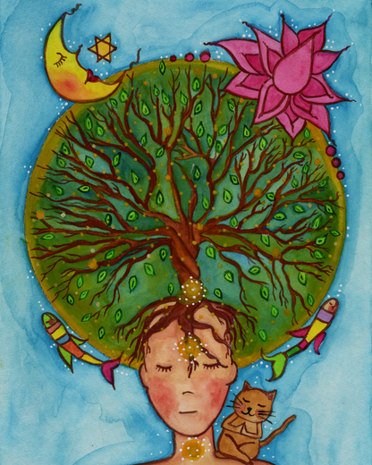 Canvas print of the crown chakra of a woman opening up like the tree of life. A cat is on her shoulder.  This is a thumbnail of the original hand-painted watercolor by Brazilian artist Thaís Suizo for the LET'S MEDITATE SERIES of mediation guides.