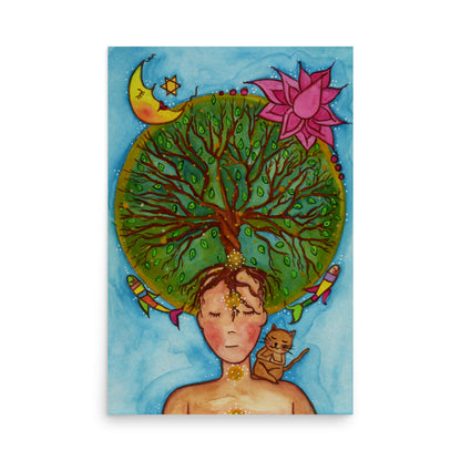 Poster of the crown chakra of a woman opening up like the tree of life. A cat is on her shoulder.  This is a print of the original hand-painted watercolor by Brazilian artist Thaís Suizo for the LET'S MEDITATE SERIES of mediation guides.
 
