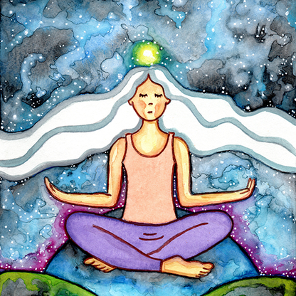 Meditating figure with glowing crown chakra at top of head, symbolizing higher consciousness and spiritual connection, chakra artwork featured on a mindfulness mug.  This is a print of the original illustration by Brazilian artist Thaís Suizo.