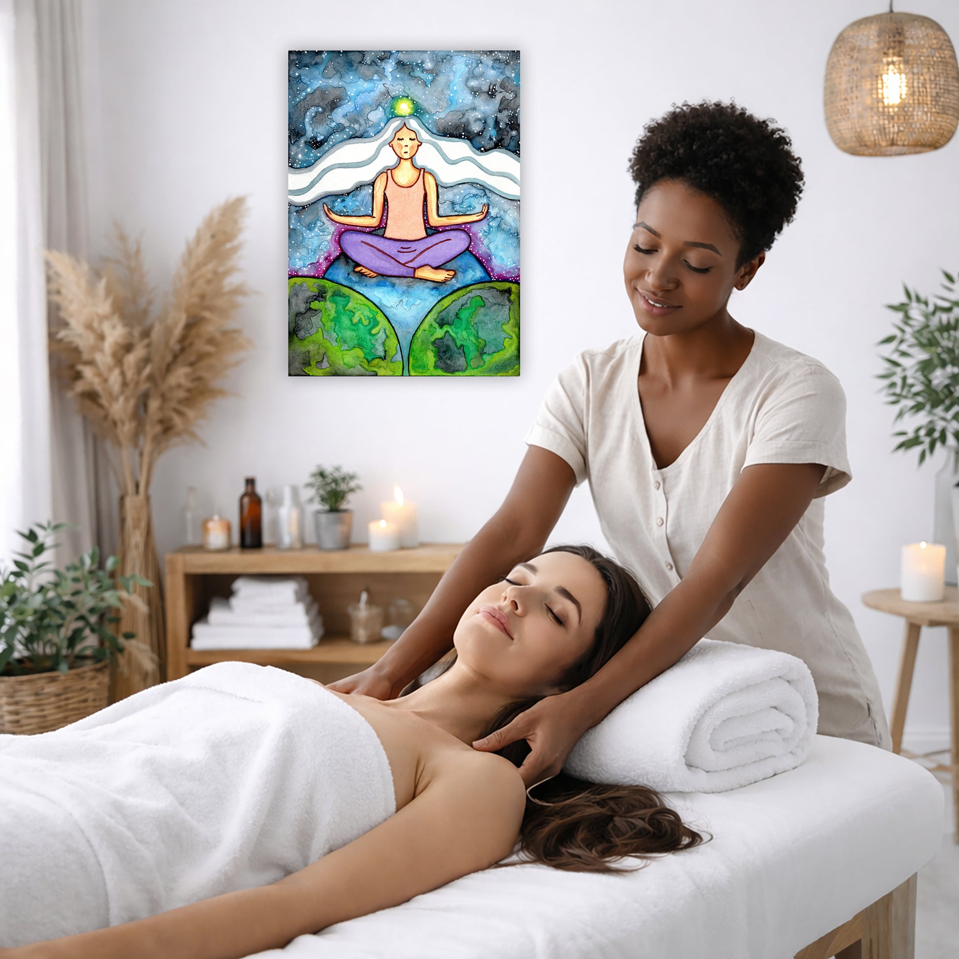 Woman with crown chakra glowing canvas poster. She is sitting on top of the world.  The poster is on the wall of the office of a massage therapist. The therapist is giving her female client a massage. The client is lying face up on a massage table wearing a white towel. To the left is a window, floor plant and large vase of dry flora. A shelf is underneath the poster with candles burning. There is a candle burning on a small table and a hanging lamp with a wicker shade on the right side.
