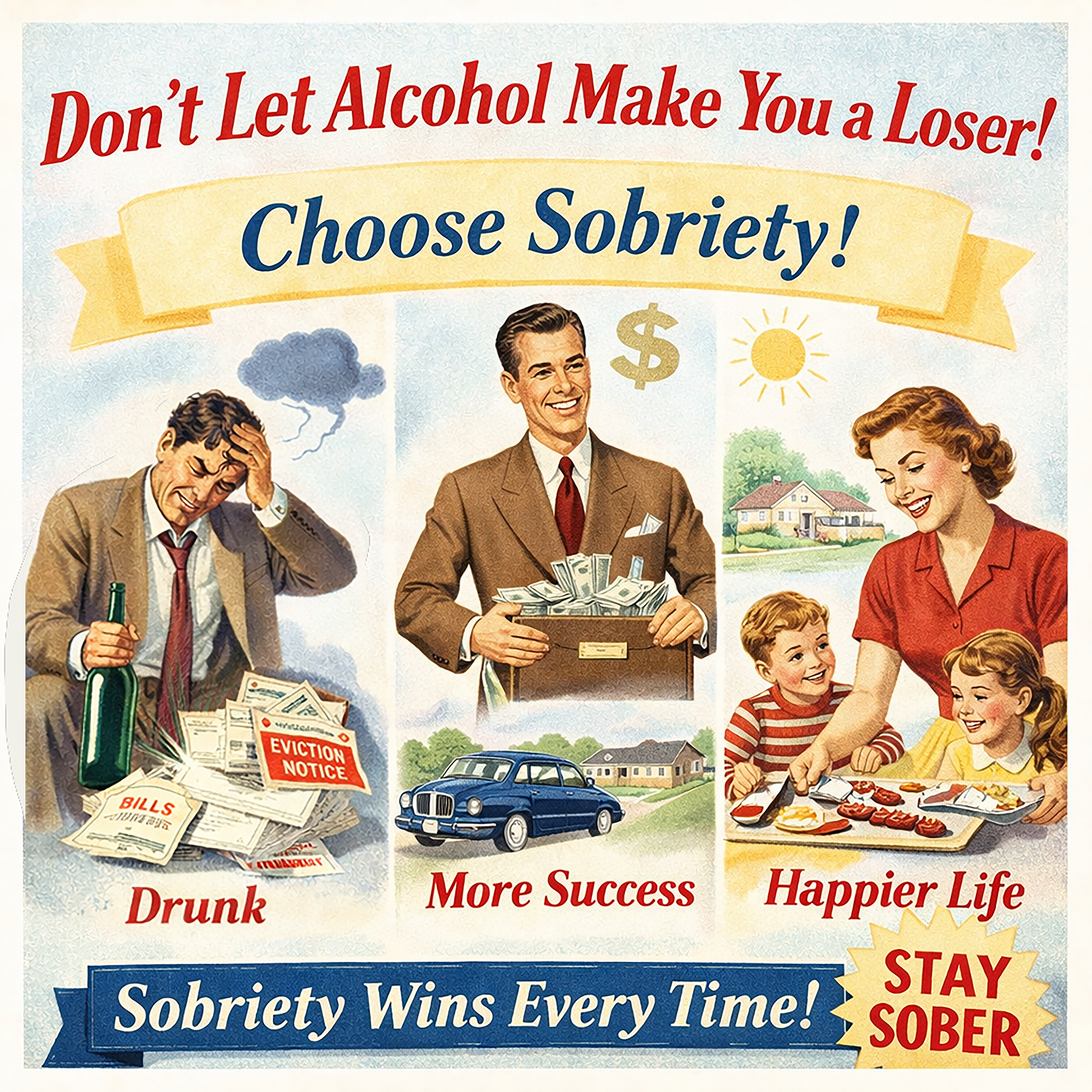 Vintage-style sobriety coffee mug design featuring retro recovery messaging, inspirational sober living themes, and classic mid-century artwork promoting success and happier living without alcohol.