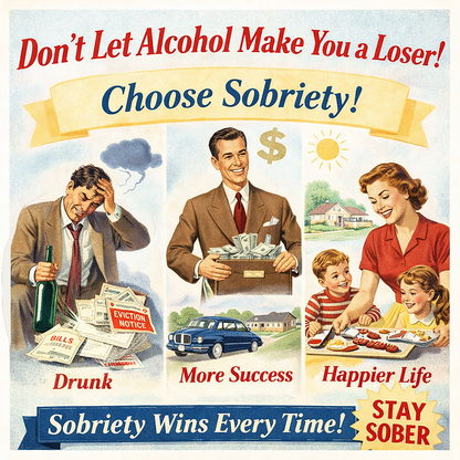 Vintage-style sobriety coffee mug design featuring retro recovery messaging, inspirational sober living themes, and classic mid-century artwork promoting success and happier living without alcohol.