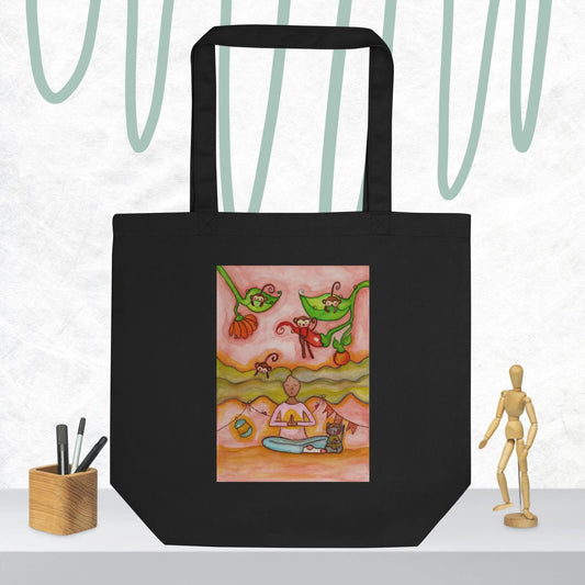 Eco Tote Bag (woman and her cat calming the monkey mind through meditation)