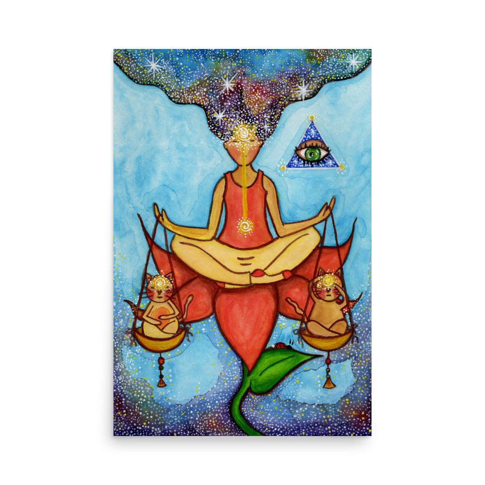 Poster of a woman meditating on a lotus with a glowing third eye and holding scales balancing two cats.  This is a poster of the original hand-painted watercolor by Brazilian artist Thaís Suizo for the LET'S MEDITATE SERIES of mediation guides.