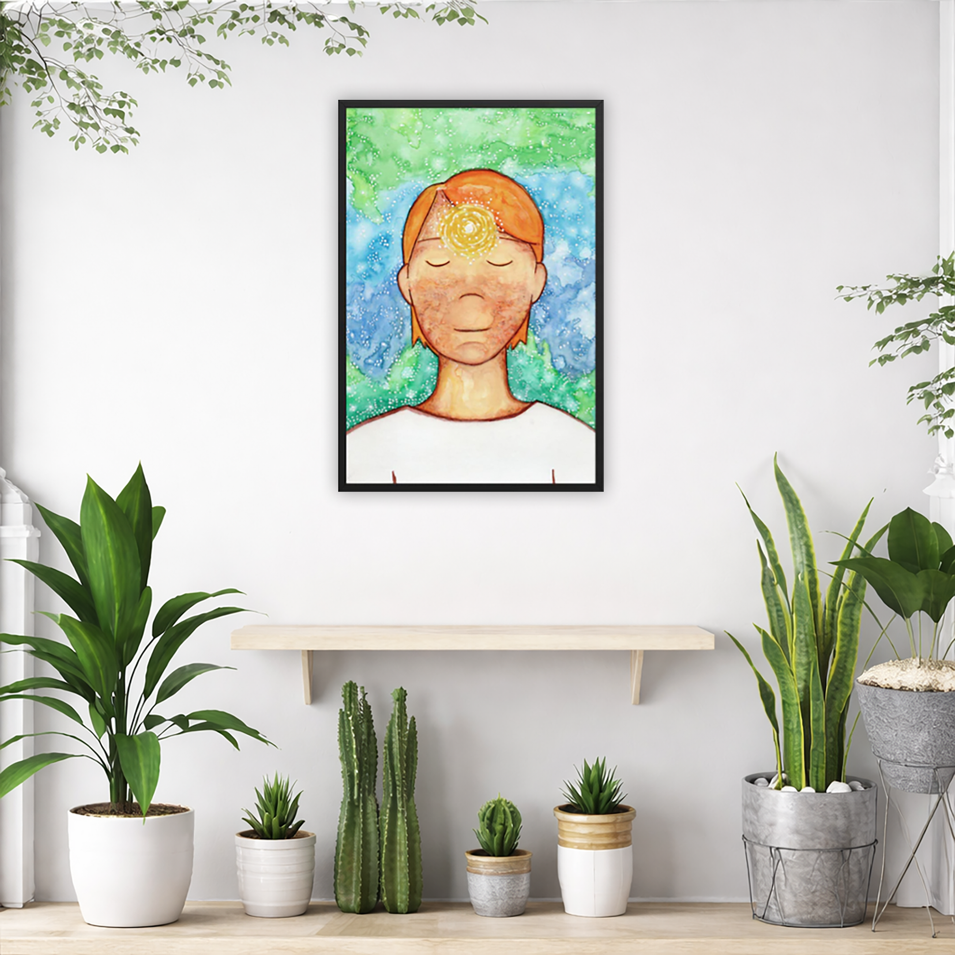 Framed poster of a man with a glowing brow chakra. The poster is in the center of the living room wall. Below the poster is an empty bench. Below the bench is a variety of green potted plants including a few cactus.
