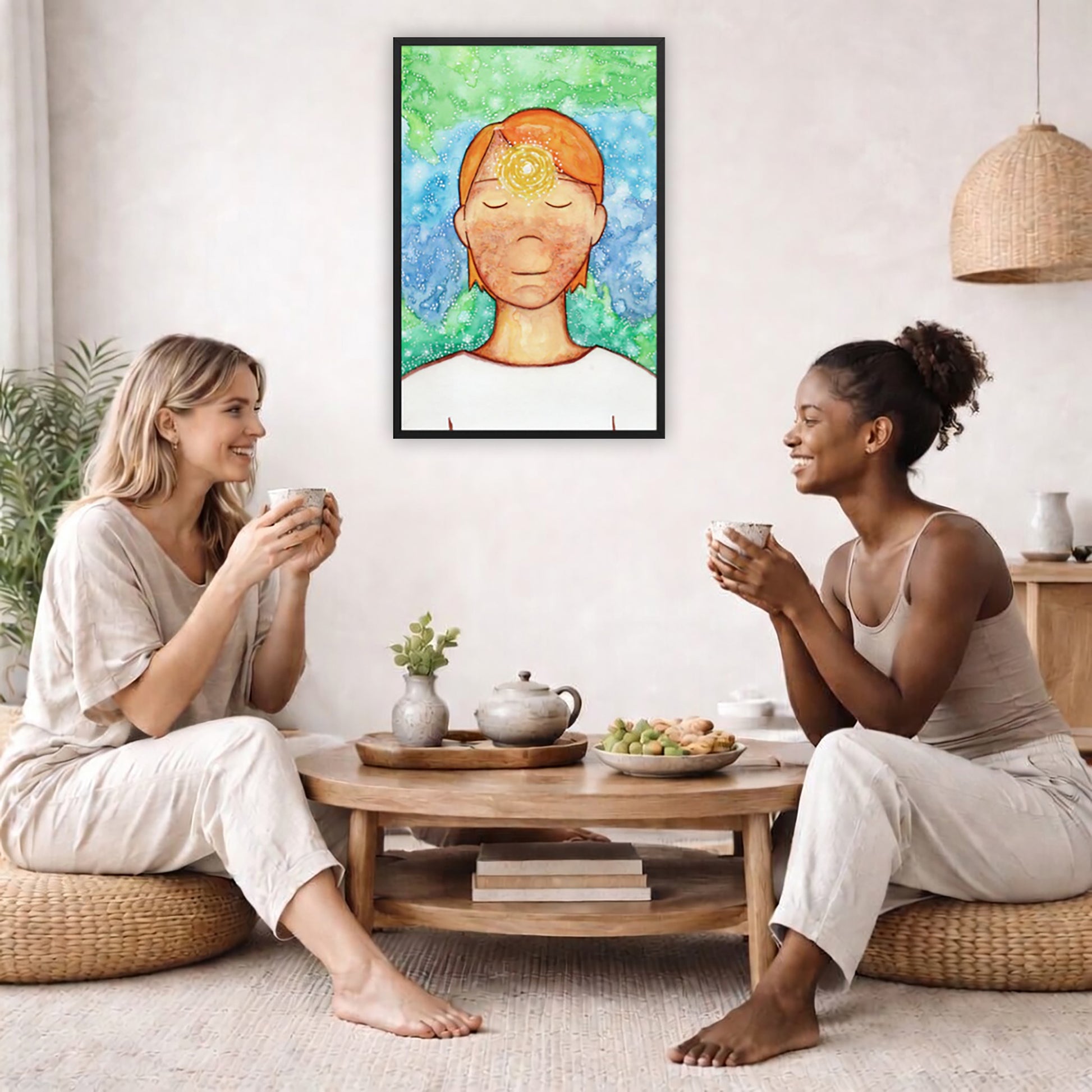 Framed poster of a man with a glowing brow chakra.  The poster is in the center of the living room wall. Two female friends are sitting on a white couch having tea. On the left and rights sides there is a green potted plant.
