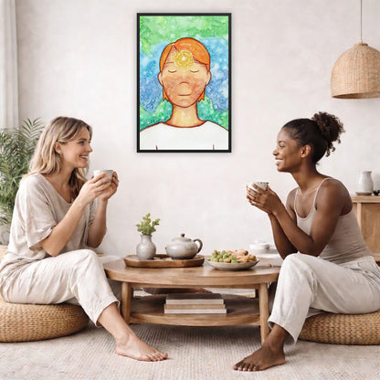 Framed poster of a man with a glowing brow chakra.  The poster is in the center of the living room wall. Two female friends are sitting on a white couch having tea. On the left and rights sides there is a green potted plant.

