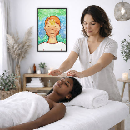 Framed poster of a man with a glowing brow chakra. The poster is on the wall of the office of a reiki master. The master is giving her client a massage. The client is lying face up on a massage table wearing a white towel. To the left is a window, floor plant and vase of dry flora. There is a shelf underneath the poster with candles burning. On the right side there is a candle burning and a lamp hanging from the ceiling.
