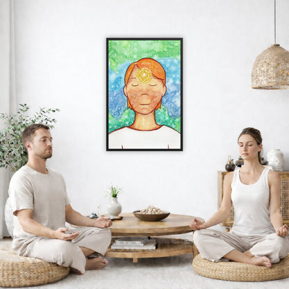 Framed poster of a man with a glowing brow chakra. The poster is in the center of the living room wall. Two friends are sitting on wicker pillows meditating. Between them is a small round coffee table with incense, a green potted plant and a bowl of shells. There is a potted plant to the left and a Buddha statue and a vase to the right. 
