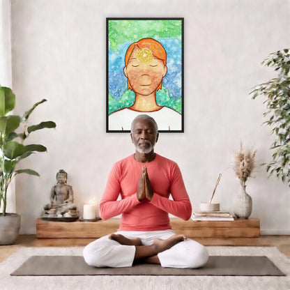 Framed poster of a man with a glowing brow chakra. The poster is in the center of the living room wall. There is a man meditating facing away from the wall. Behind him is a coffee table with incense and a Buddha statue. There are potted plants on the right and left side of the background.

