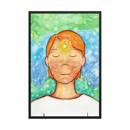 Framed poster of a man with a glowing brow chakra. This is a print of the original hand-painted watercolor by Brazilian artist Thaís Suizo for the LET'S MEDITATE SERIES of mediation guides. 