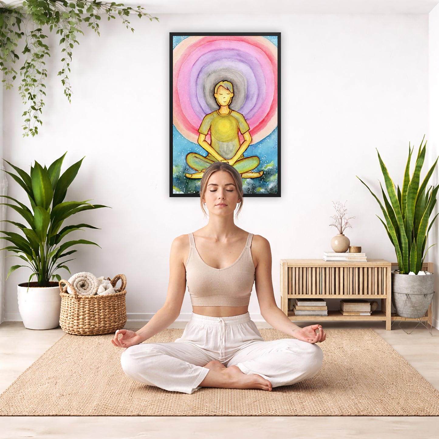Framed poster of a man's heart chakra glowing and the colorful aura energy surrounding him.  The poster is in the center of the living room wall. There is a woman meditating facing away from the wall. Behind her is a coffee table with incense and a Buddha statue. There are potted plants on the right and left side of the background.
