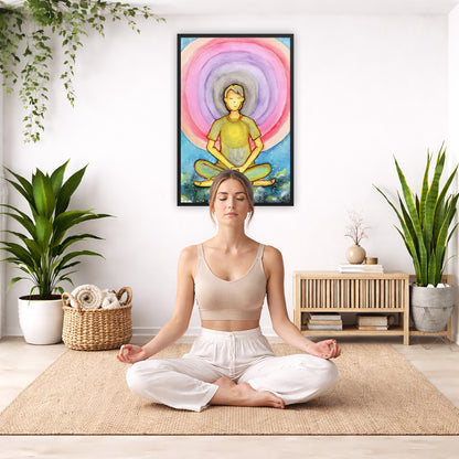 Framed poster of a man's heart chakra glowing and the colorful aura energy surrounding him.  The poster is in the center of the living room wall. There is a woman meditating facing away from the wall. Behind her is a coffee table with incense and a Buddha statue. There are potted plants on the right and left side of the background.
