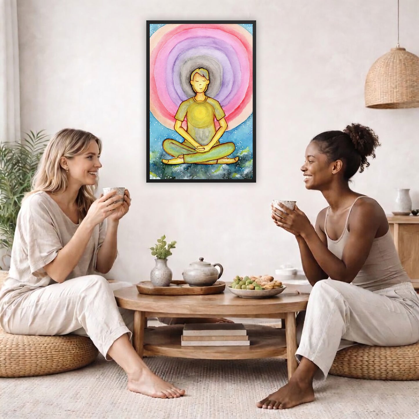 Framed poster of a man's heart chakra glowing and the colorful aura energy surrounding him.  The poster is in the center of the living room wall. Two female friends are having tea, grapes and cookies on a coffee table in front of the poster. On the left there is a green potted plant and to the right there is a hanging lamp.

