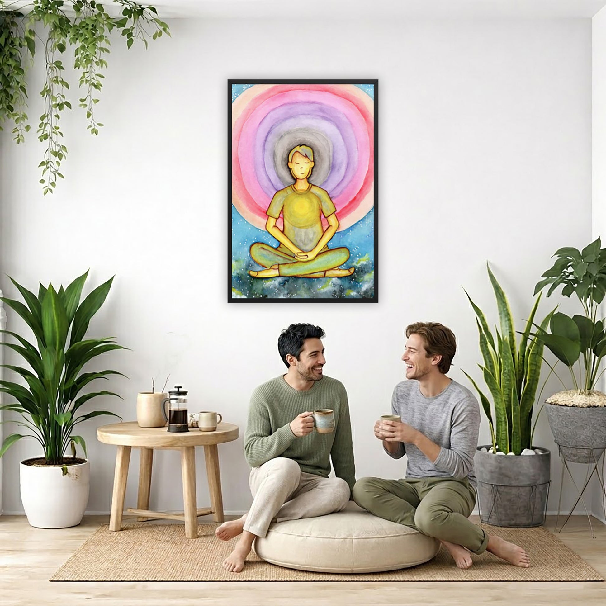 Framed poster of a man's heart chakra glowing and the colorful aura energy surrounding him.  The poster is in the center of the living room wall. Two men are sitting on a giant pillow having a coffee. Beside them is a small tray with a pot of coffee and incense. To the left is a green floor plant and a hanging green plant. To the right of them is a green floor plant.