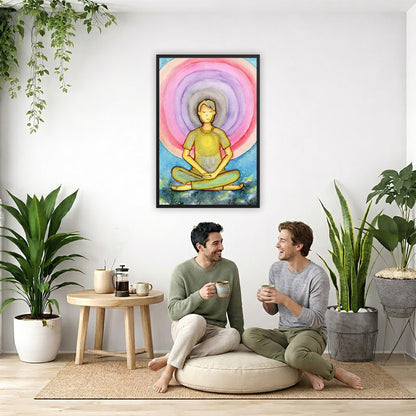 Framed poster of a man's heart chakra glowing and the colorful aura energy surrounding him.  The poster is in the center of the living room wall. Two men are sitting on a giant pillow having a coffee. Beside them is a small tray with a pot of coffee and incense. To the left is a green floor plant and a hanging green plant. To the right of them is a green floor plant.