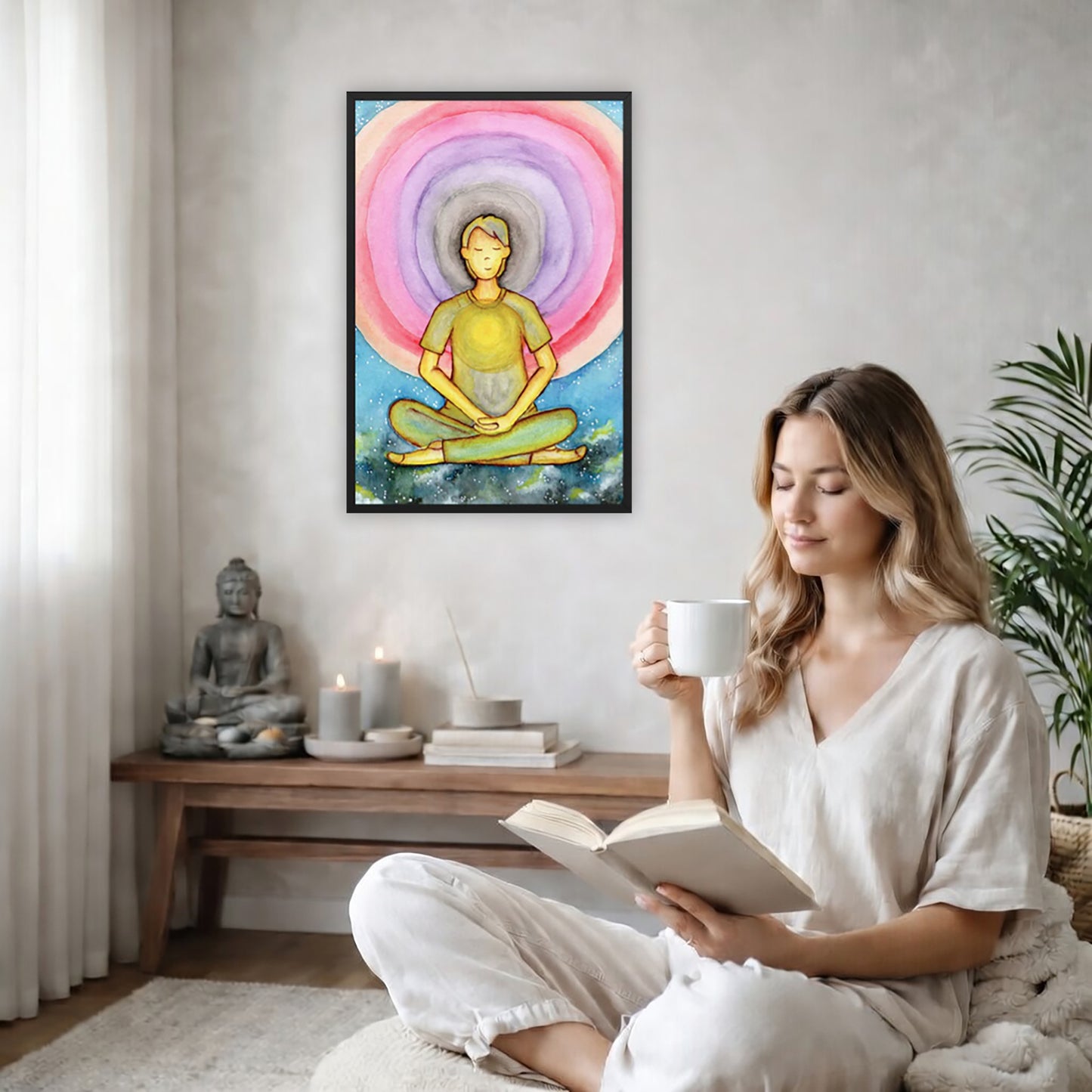 Framed poster of a man's heart chakra glowing and the colorful aura energy surrounding him.  The poster is on the back wall in the living room. There is a coffee table below the poster with burning candles and a big piece of driftwood. A woman is sitting in a wicker chair on the right side of the poster with a cup of tea reading a book. There is a potted green plant behind her.