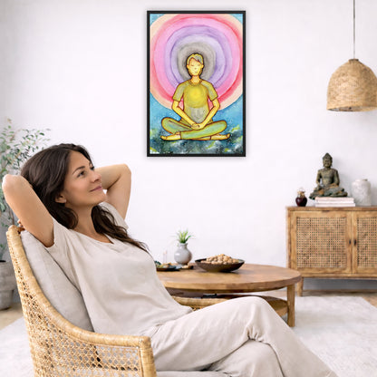 Framed poster of a man's heart chakra glowing and the colorful aura energy surrounding him.  The poster is in the center of the living room wall. To the left a woman is relaxing in her chair with her hands behind her head. There is a small coffee table beside her with a bowl of walnuts, incense and a small green plant. On the right side of the room is a cabinet with a Buddha statue, books and an urn on it. To the left is a green floor plant.
