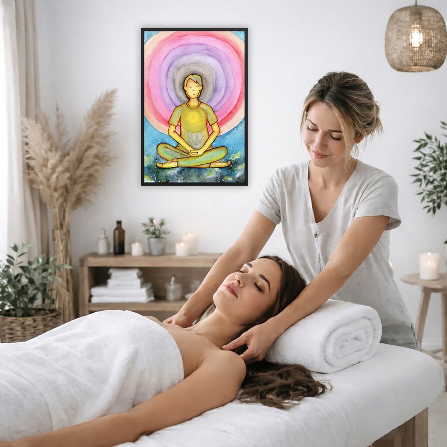 Framed poster of a man's heart chakra glowing and the colorful aura energy surrounding him.  The poster is on the wall of the office of a massage therapist. The therapist is giving her female client a massage. The client is lying face up on a massage table wearing a white towel. To the left is a window, floor plant and large vase of dry flora. A shelf is underneath the poster with candles burning. There is a candle burning on a small table and a hanging lamp with a wicker shade on the right side.
