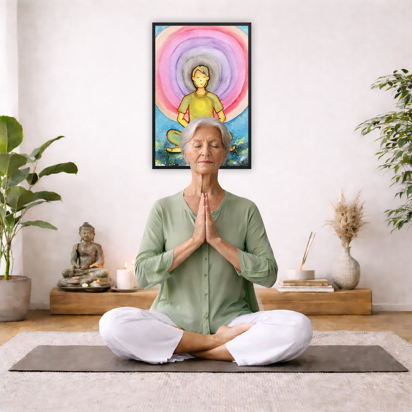 Framed poster of a man's heart chakra glowing and the colorful aura energy surrounding him.  The poster is in the center of the living room wall. There is an elderly woman meditating facing away from the wall. Behind her is a coffee table with incense, meditation stones and a Buddha statue. There are potted plants on the right and left side of the background.
