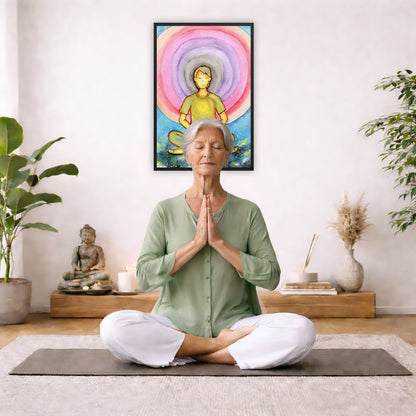 Framed poster of a man's heart chakra glowing and the colorful aura energy surrounding him.  The poster is in the center of the living room wall. There is an elderly woman meditating facing away from the wall. Behind her is a coffee table with incense, meditation stones and a Buddha statue. There are potted plants on the right and left side of the background.
