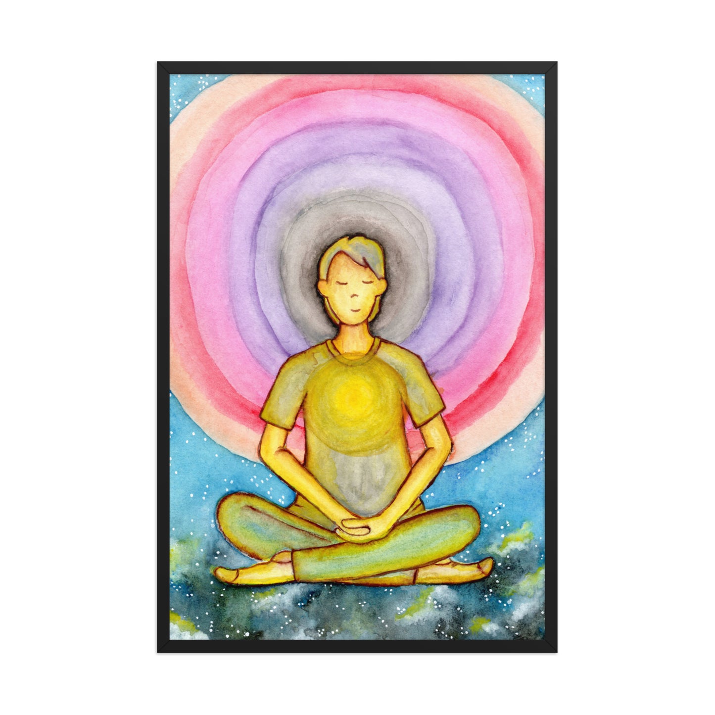 Framed poster of a man's heart chakra glowing and the colorful aura energy surrounding him.  This is a framed print of the original hand-painted watercolor by Brazilian artist Thaís Suizo for the LET'S MEDITATE SERIES of mediation guides.