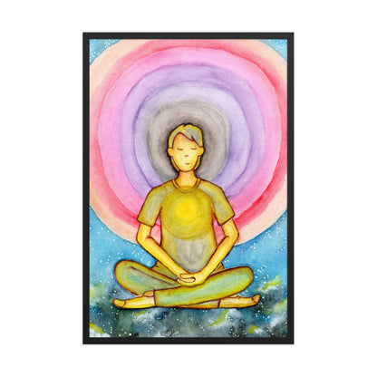 Framed poster of a man's heart chakra glowing and the colorful aura energy surrounding him.  This is a framed print of the original hand-painted watercolor by Brazilian artist Thaís Suizo for the LET'S MEDITATE SERIES of mediation guides.