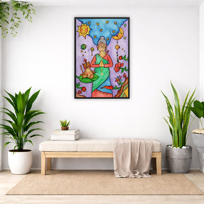 Framed poster of woman in standing prayer meditation with glowing throat chakra under sun and moon. Her cat is meditating beside her.  The poster is in the center of the living room wall. Below the poster is a padded bench. On the bench is a pile of books and a small green potted plant. There is a silk sheet draped over the bench. There is a green hanging plant and floor plant on the left. There are two floor plants on the right.