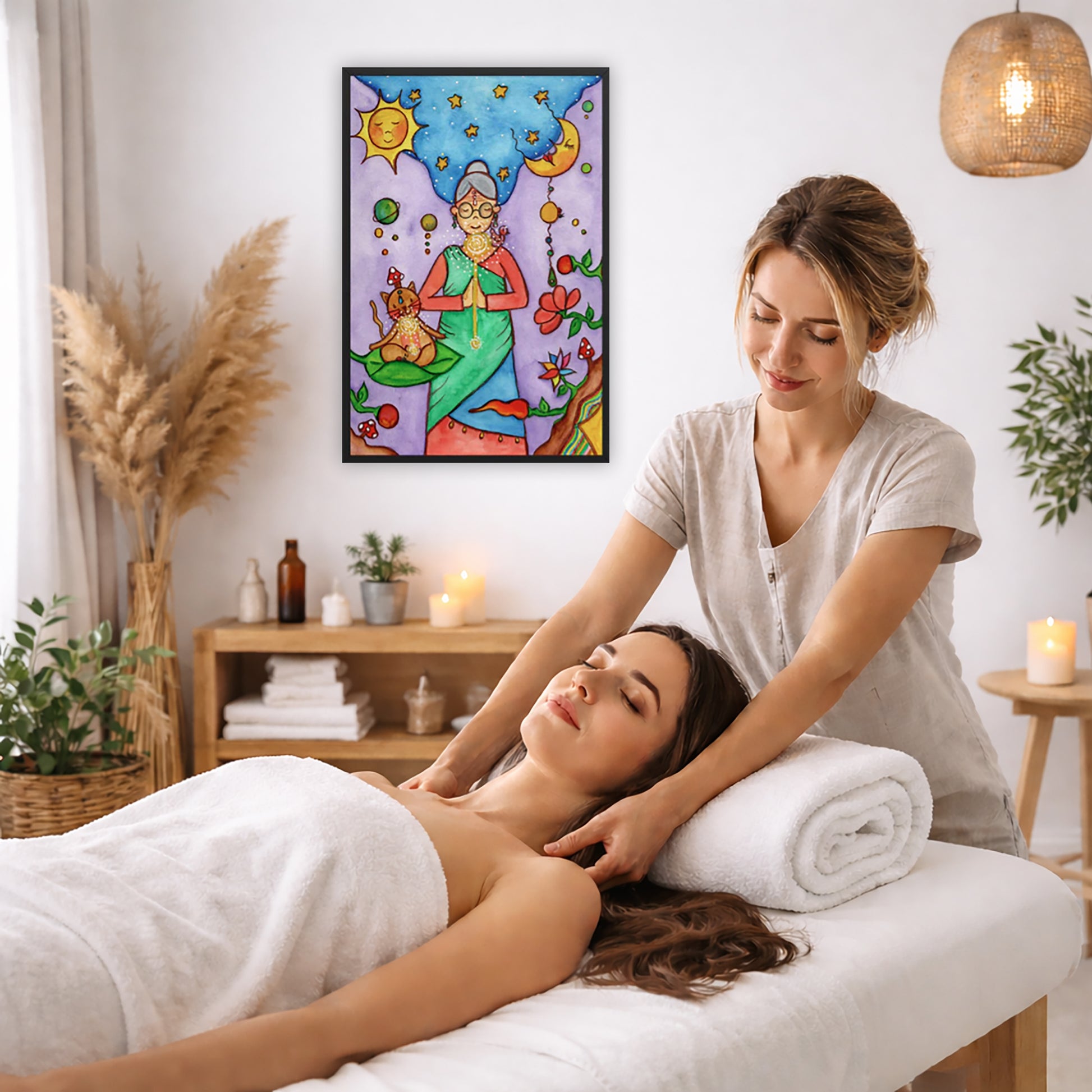 Framed poster of woman in standing prayer meditation with glowing throat chakra under sun and moon. Her cat is meditating beside her.  The poster is on the wall of the office of a massage therapist. The therapist is giving her female client a massage. The client is lying face up on a massage table wearing a white towel. To the left is a window, floor plant and large vase of dry flora. A shelf is underneath the poster with candles burning. There is a candle burning on a small table and a hanging lamp with a 
